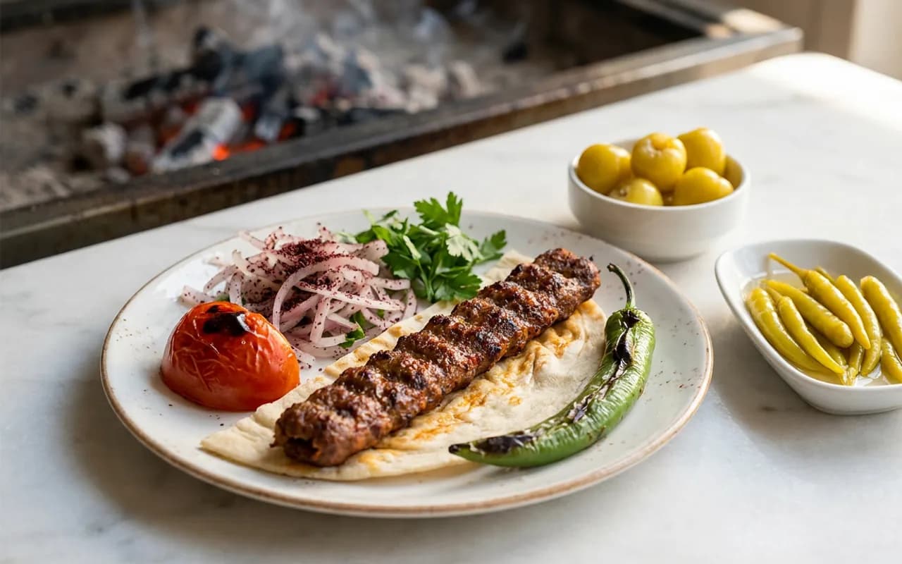 Kebap tabağının yanında tombul biber turşusu ve acı sivri biber turşusu, arkada ocakbaşı