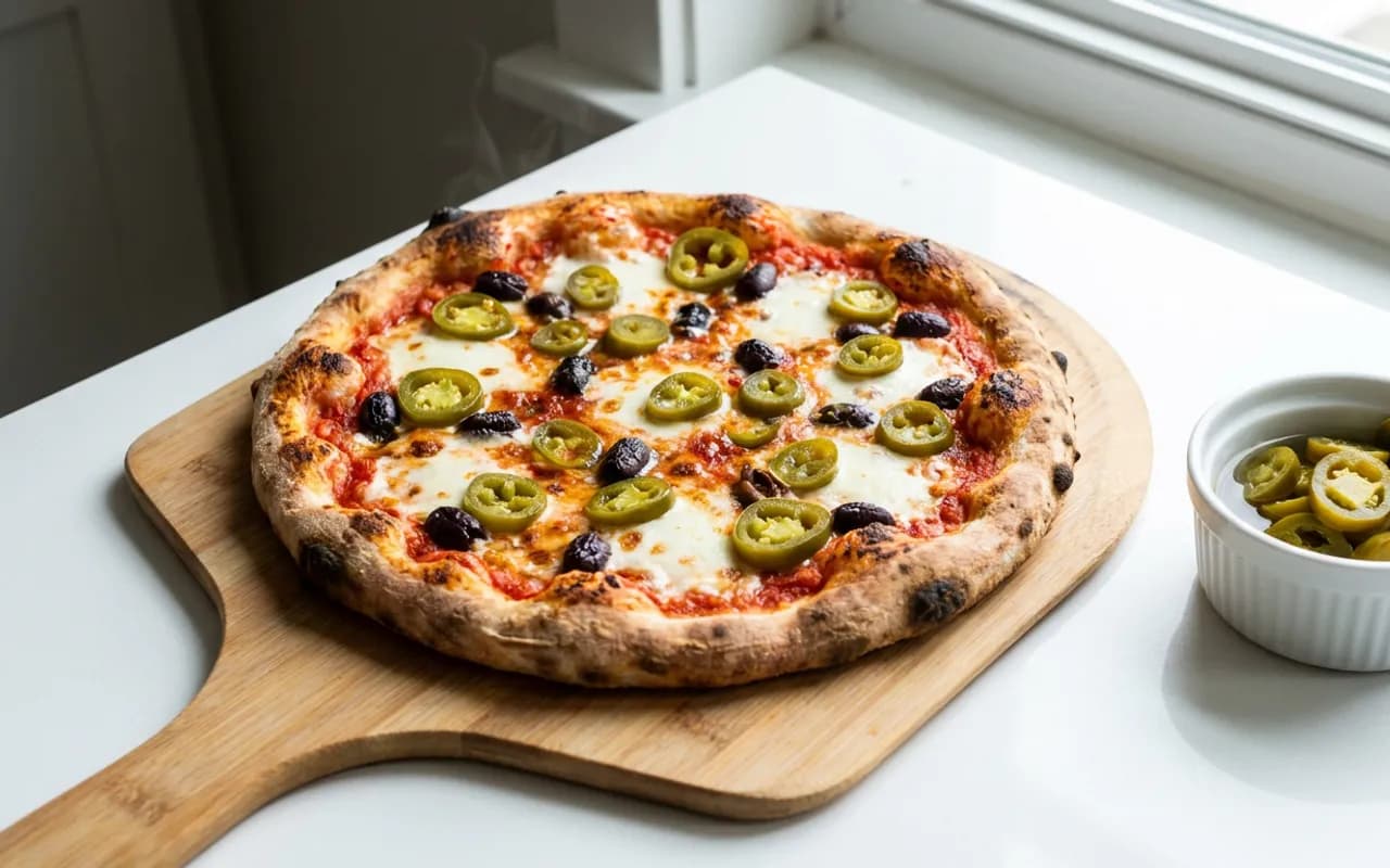 Üzerinde jalapeno turşusu halkaları olan fırından yeni çıkmış pizza ve yanında bir kase dilimli jalapeno