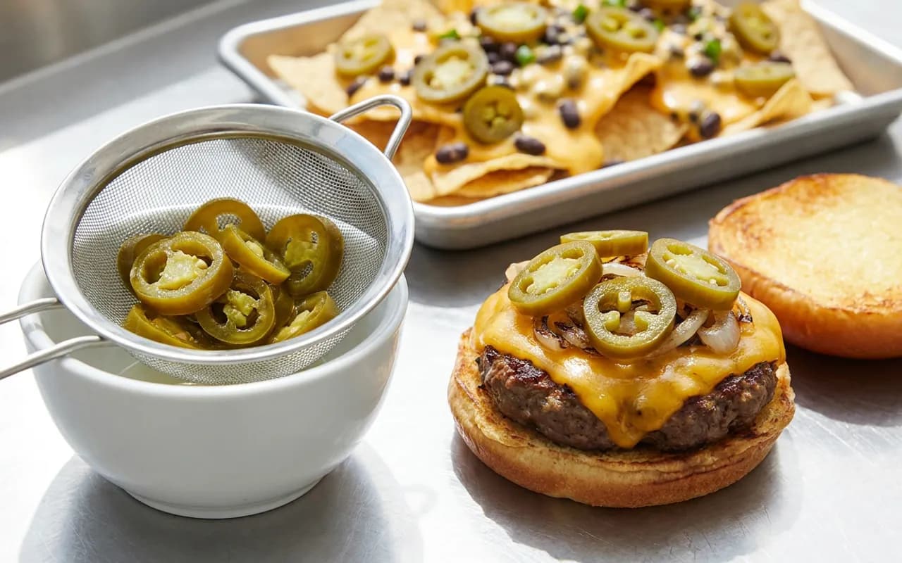 Süzgeçte süzülen jalapeno turşusu halkaları, yanında jalapenolu burger ve nachos tepsisi