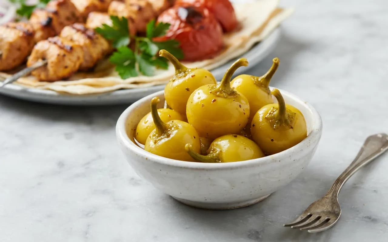 Beyaz kasede küçük, sarı ve dolgun tombul biber turşuları, arkada kebap tabağı