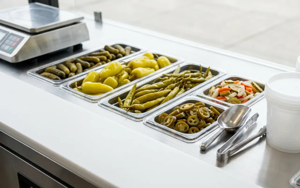Turşucu tezgahında yan yana dizili kaplarda salatalık, biber, karışık ve jalapeno turşuları, yanında maşa ve kepçe