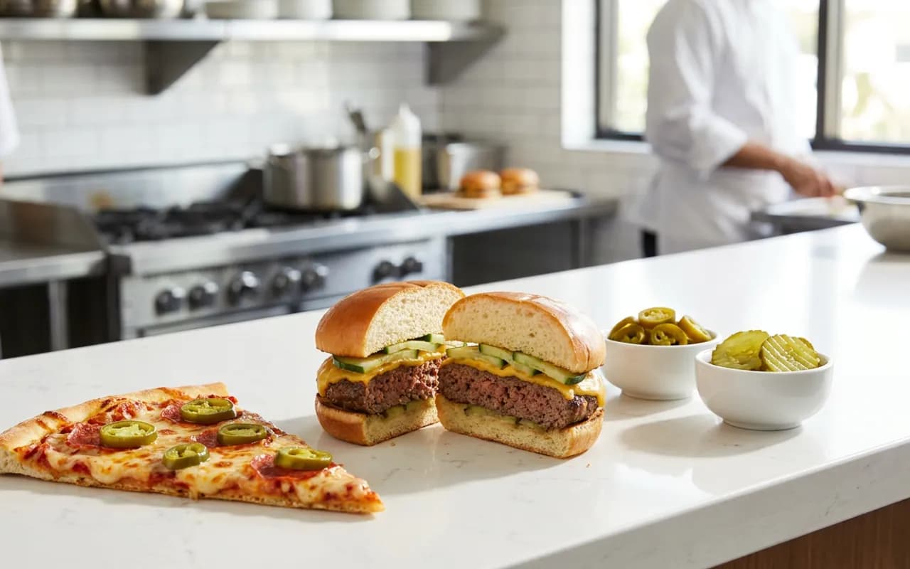 Salatalık turşulu burger ve jalapeno dilimli pizza, fast food mutfak tezgahında